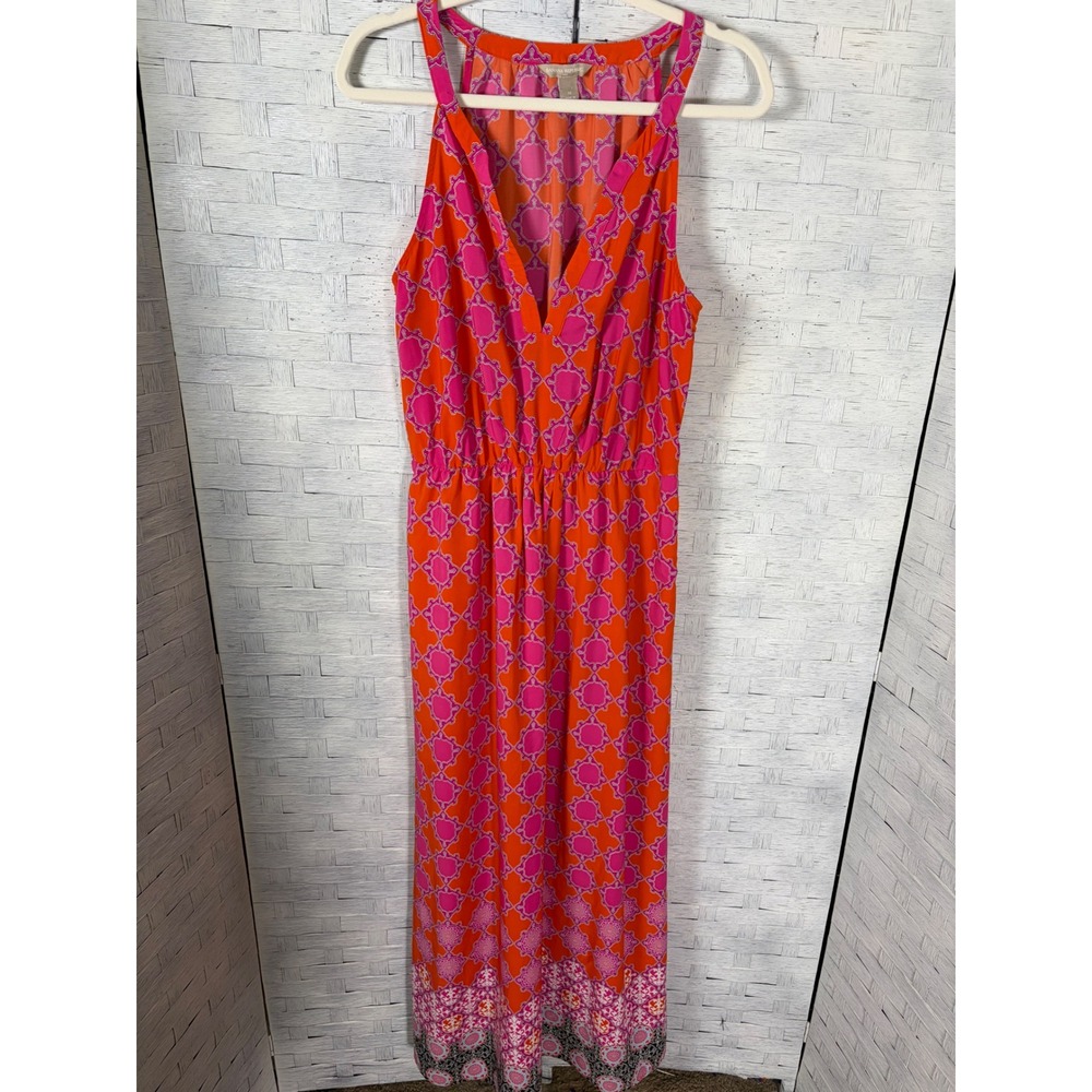 Banana Republic Womens Dress Maxi Trellis Print V-Neck Travel Vacation Bohemian